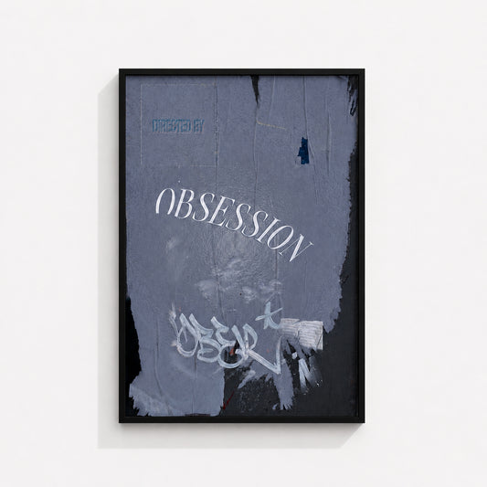 Directed by Obsession contemporary wall art print in a black box frame featuring layered textures, expressive markings and typography artwork