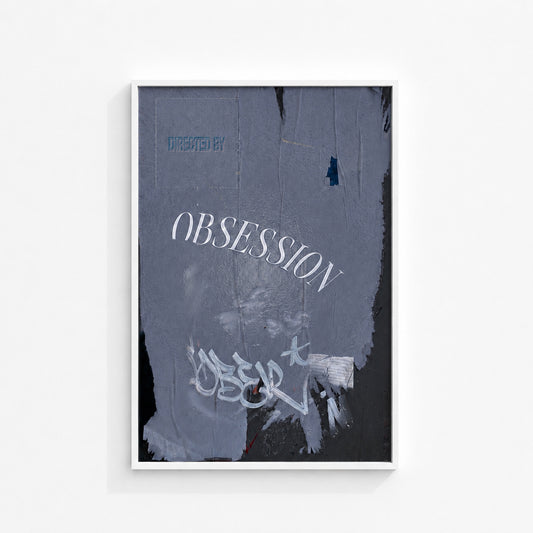 Directed by Obsession contemporary wall art print in a white box frame featuring layered textures, expressive markings and typography artwork