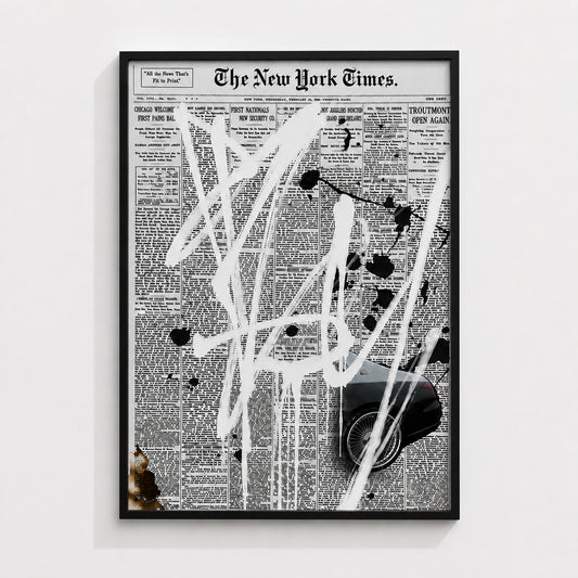 Front Page Dreams contemporary wall art print in a black box frame featuring newspaper collage, expressive markings and luxury-inspired imagery