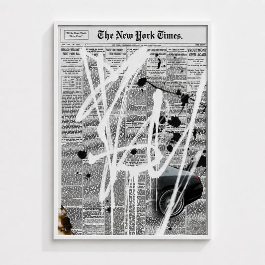 Front Page Dreams contemporary wall art print in a white box frame featuring newspaper collage, expressive markings and luxury-inspired imagery