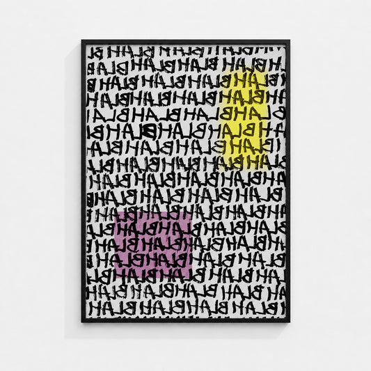 No Signal abstract wall art print in a black box frame featuring layered typography and subtle colour accents