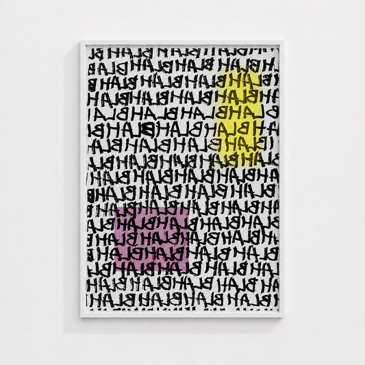 No Signal abstract wall art print in a white box frame featuring layered typography and subtle colour accents