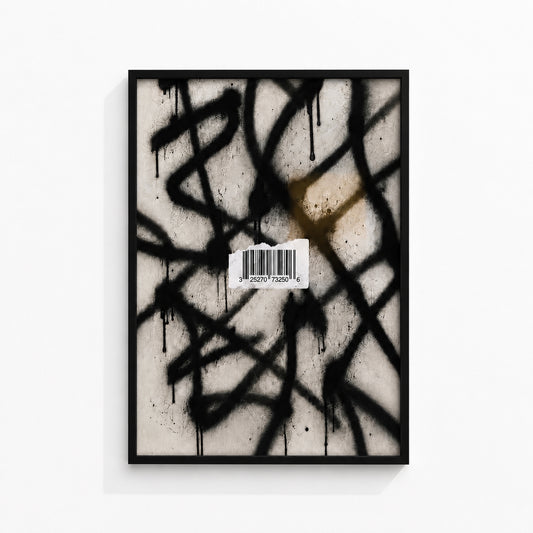 Priceless abstract wall art print in a black box frame featuring expressive black spray-painted markings and barcode artwork