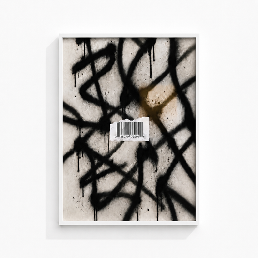 Priceless abstract wall art print in a white box frame featuring expressive black spray-painted markings and barcode artwork