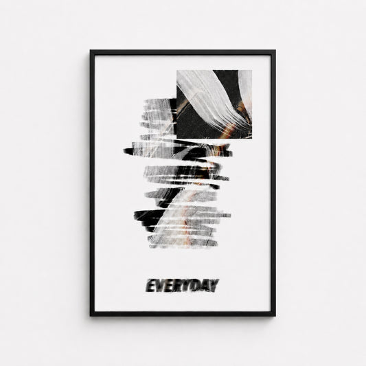 Routine Distortion abstract wall art print in a black box frame featuring layered textures, blurred forms and monochrome graphic elements