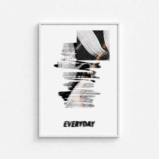 Routine Distortion abstract wall art print in a white box frame featuring layered textures, blurred forms and monochrome graphic elements