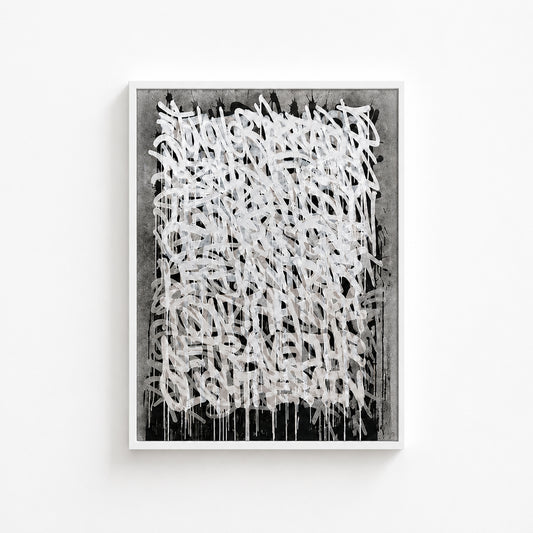White Noise abstract wall art print featuring layered gestural typography and textured monochrome artwork