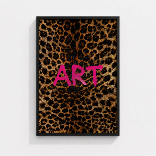 Wild Luxury contemporary wall art print in a black box frame featuring leopard print and bold pink typography
