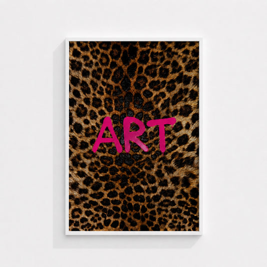 Wild Luxury contemporary wall art print in a white box frame featuring leopard print and bold pink typography