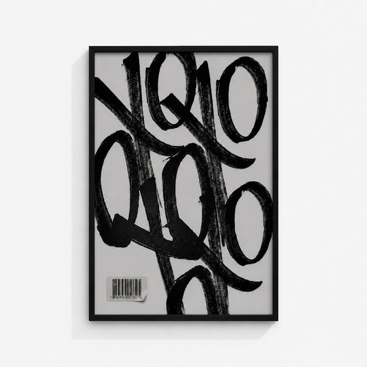 X’s & O’s abstract wall art print in a black box frame featuring expressive black brushstrokes and barcode artwork