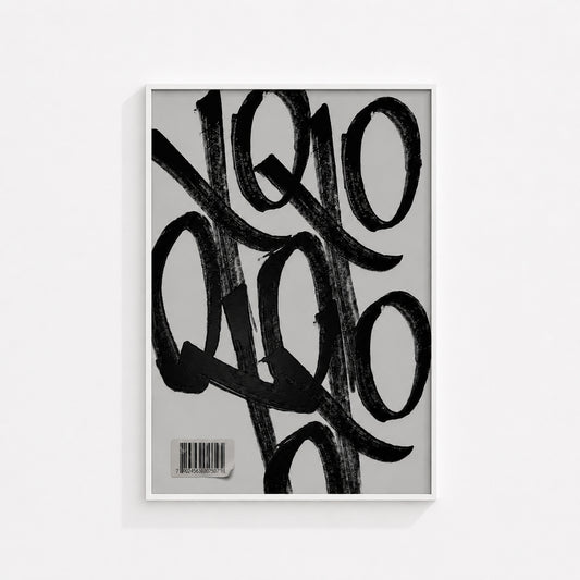 X’s & O’s abstract wall art print in a white box frame featuring expressive black brushstrokes and barcode artwork