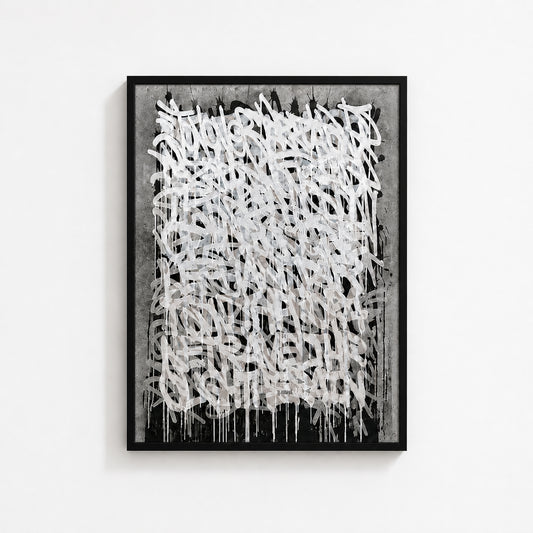 White Noise abstract wall art print in a black box frame featuring layered gestural typography and textured monochrome artwork